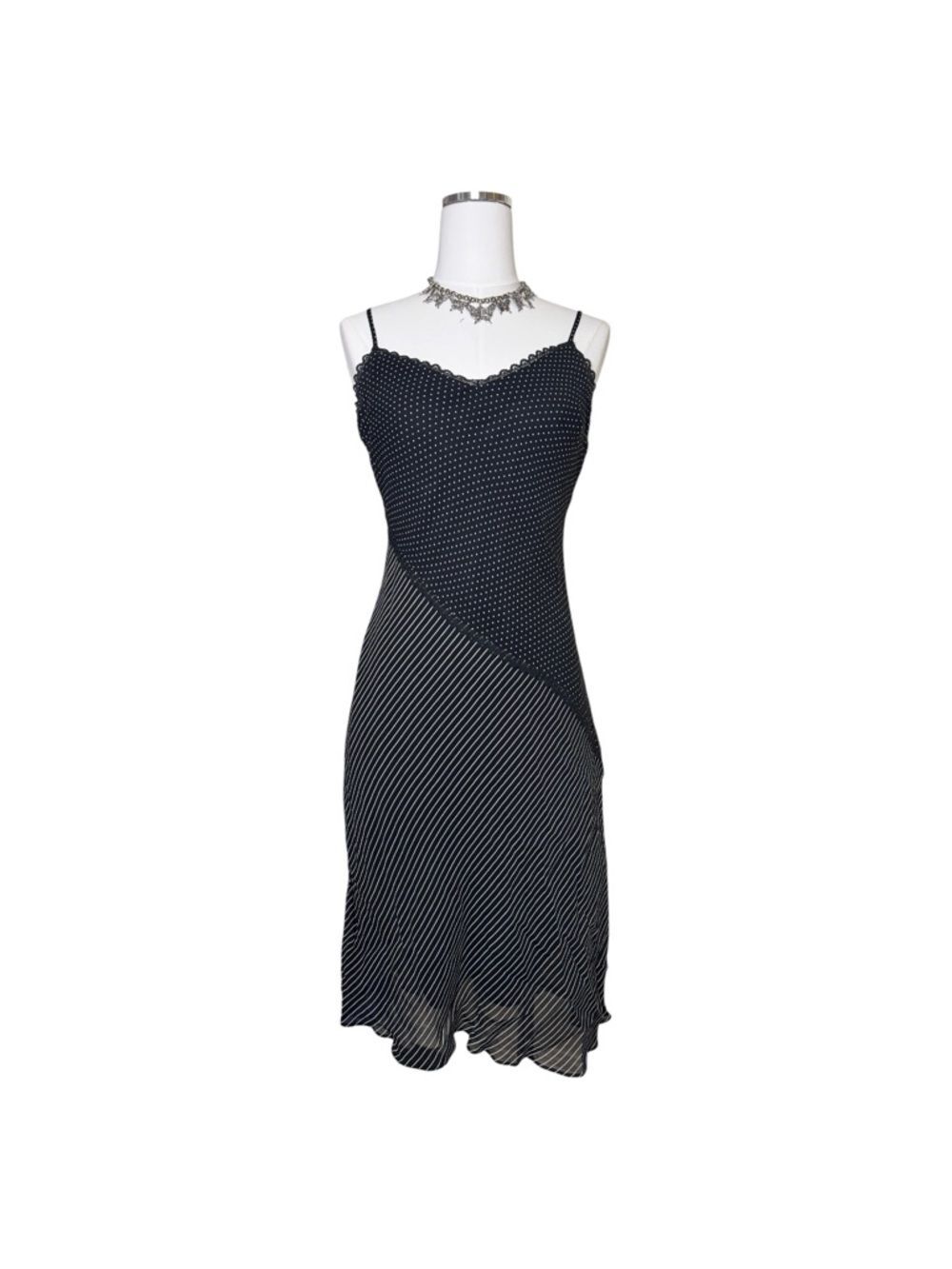 Y2K Mica Black and White Polka Dot + Stripe Midi Dress Size 6